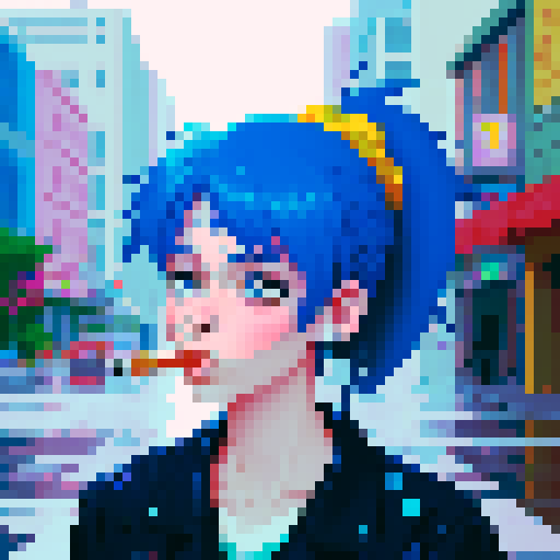 Blue haired 90s pop girl, smoking a cigarette, downtown, in the rain, gritty