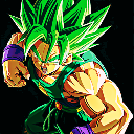 DBZ Broly, Legendary Super Saiyan, fierce, muscular, towering, green hair, bulging veins, explosive energy, pixel art, vibrant colors, intense shadows, sRGB