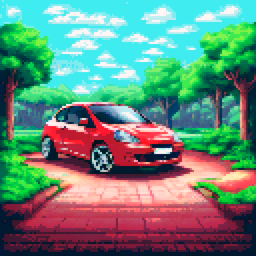 Photorealistic whole Peugeot 206, three-quarter view, right front wheel, clean background, sRGB colors, pixel art style
