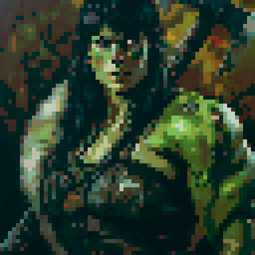 8-bit style portrait with vibrant, retro colors, showcasing a pixelated character in a dynamic pose against a black background, reminiscent of classic video games