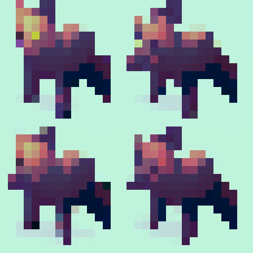 Please provide me an animation sheet for a wolf enemy.

The animation sheet should contain multiple frames of the wolf sprite for each of the following actions:

Turn to a given rotation.

Move forwards.