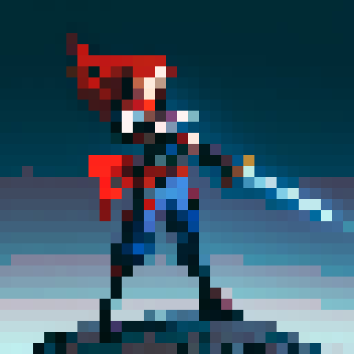 Sprite of a JRPG character with red hair, silver armor, blue pants and black shoes, holding a sword.