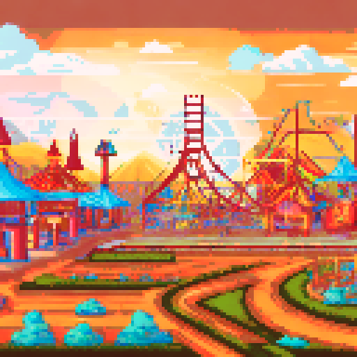 Amusement park, vibrant roller coasters, whimsical carousels, towering ferris wheels, sRGB colors, pixel art, detailed background, picturesque landscape