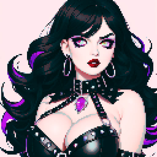 curvy, cute busty goth woman's face, whole head portrait, black hair, purple eyeshadow, red lipstick, low cut black studded leather halter top, studded collar, vibrant sRGB colors, edgy aesthetic.