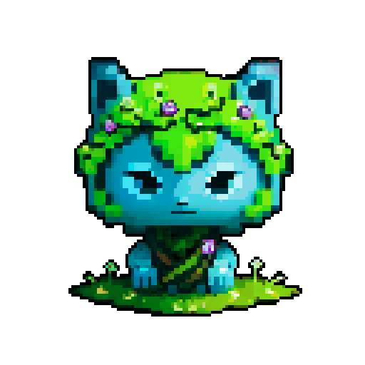 A wise, ancient guardian with a body covered in moss and vines, and deep, glowing blue eyes. It has a calm, serene expression and exudes an aura of ancient wisdom and tranquility. No background.
