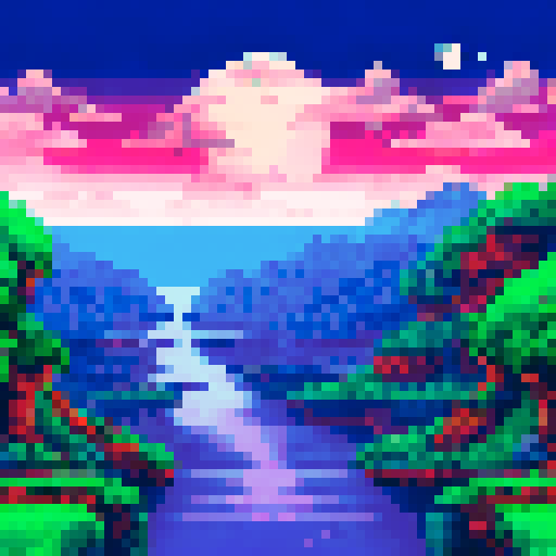 Full moon casting a dim, blue light over a pixelated landscape of rolling hills and winding rivers, with fluffy, white clouds drifting across the inky sky