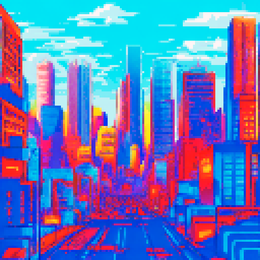 Futuristic Denver cityscape with vibrant graffiti, sRGB colors, pixel art style, featuring a sprawling background landscape