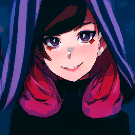 A brown-haired girl with brown eyes smiles as she stands amid blue curtains in a black dress and floating cherry blossom petals