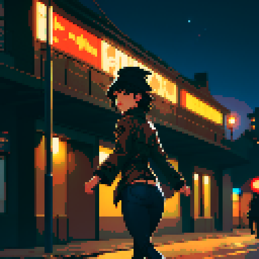 Night urban street light background, young girl, short black hair, brown coat, black jeans, thin hips, beige hat, running, turn back, far view from the back