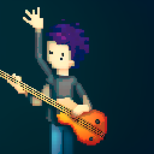hacker boy with electric guitar in a rainy day, pixel art