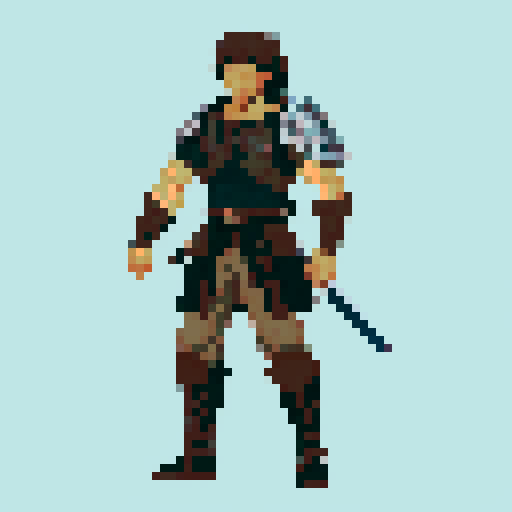 male, athletic and muscular messy hair in shades of brown wearing light armor that offers some protection his outfit is dark with occasional color highlights, and he carries a visible sword in a sheath, along with a small, rugged leather backpack with a single strap across his chest rendered in a 64x64 pixel full body sideview style