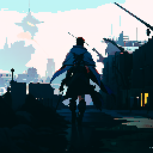 royal space force the wings of honnêamise soldier walking towards war torn city with a panzer faust on his back and a rifle in his hand. A Squad Mate of his is looking towards him in background, he has a cape on and a hood. City has snow on it. Colorful but not to bright of colors. 