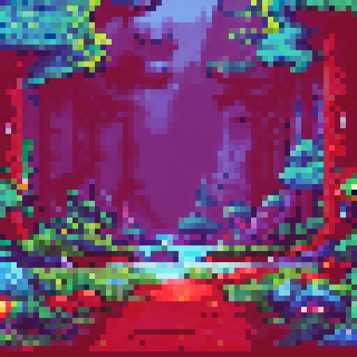 forest with a cave, trees, small fairies, large plants, evil red eyes in bush, sRGB, pixel art, background, landscape