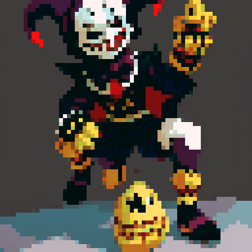 evil jester puppet, dark and twisted, vividly colored, with a mischievous grin, in a mystical, gothic castle