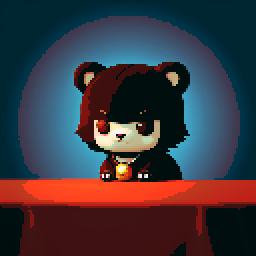 chibi bear, button eyes, gothic anime, plush brown fur, in a relaxed mascot pose, a satanic pendant, profile picture avatar, and a softly glowing wax candle on a table draped in a red tablecloth. Created Using: retro pixel aesthetic, gothic atmosphere, shadow play, poster-style composition, mystical and magical elements, vivid colors, hd quality,