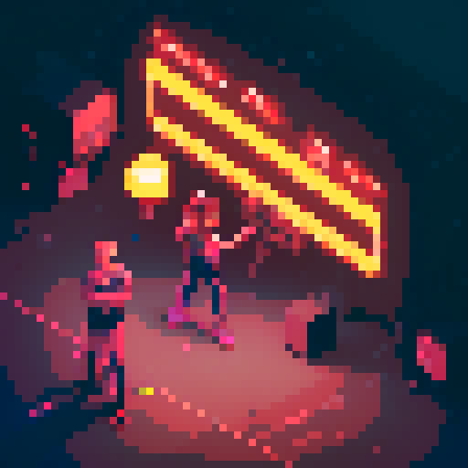 Street merchant assassin girl, neon-lit night market, slicked-back hair, pixelated sniper rifle, fluorescent tattoos, sRGB glow, bustling crowds.
