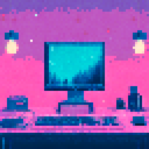 keyboard, mouse, decorated Christmas tree with twinkling lights instead of monitor, desk, 8-bit, vibrant and lively asthetic