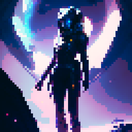 Shrouded in shadow, a sleek and deadly assassin crouches atop a high-tech starfinder ship, her sharp blades glinting in the fantastical glow of neon lights