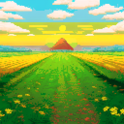 pastoral landscape, fields (yellow), sunset, no mountains in background
