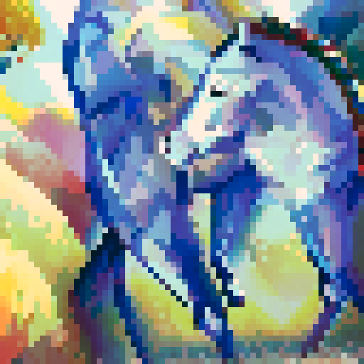 blue horse, galloping through a vibrant pixelated landscape, mane flowing with vibrant colors, surrounded by geometric shapes and bright blocky trees, showcasing the intricate details of pixel art