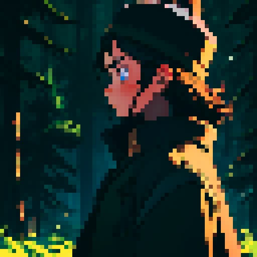 Dark night time in the forest background, Dark background, profile picture, young girl, rounded face, no emotion face, blue eyes, short black hair, brown coat, brown hat, small chest