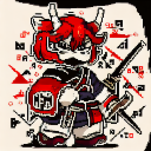 Pixelated caricature of a fierce, samurai warrior with a menacing expression, featuring bold black lines and sharp angles, all rendered in a monochromatic palette.