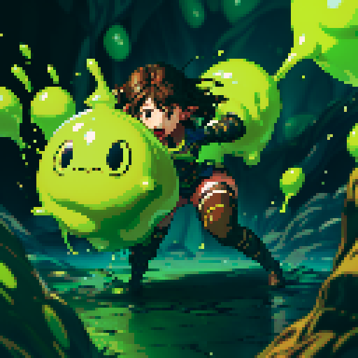 slime surging up around someone, slime engulfing a hero, slime consuming a hero, hero getting engulfed by slime, slime attack, dynamic, slime slamming into someone, impact, splashing slime, full-body image, full-body art, metal armor, brown hair