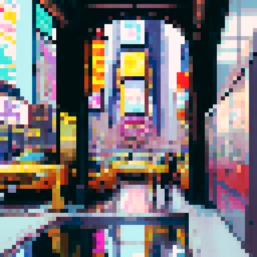 New York City skyline, towering skyscrapers, vibrant colors, retro aesthetics, bustling crowds, neon lights, graffiti-covered walls, vintage cars, steam rising from manhole covers, rain-soaked streets, reflections in puddles, subway trains, Central Park in autumn, hot dog stands, street performers, fire escapes, Brooklyn Bridge at sunset, art deco architecture, steam rising from subway grates, yellow taxis, Times Square, pixel art, sRGB