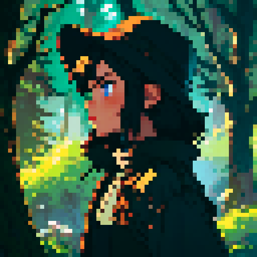 Dark night time in the forest background, profile picture, young girl, rounded face, blue eyes, short black hair, brown coat, brown hat, small chest