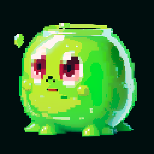 A massive, towering blob of semi-transparent green jelly. It has large, friendly eyes and a jovial expression. The surface is glossy, with bubbles of varying sizes trapped inside. No background.

