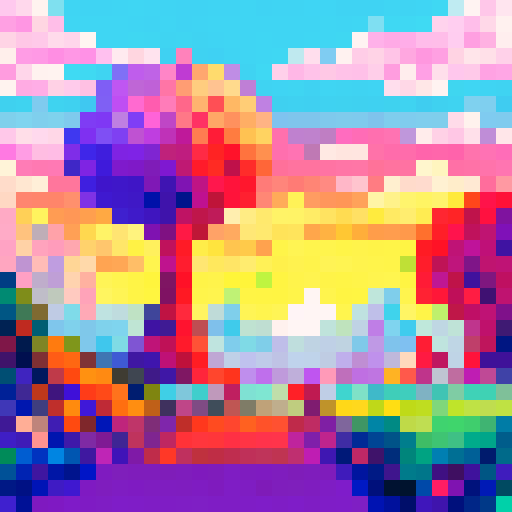 pixel art landscape with tall, vibrant trees, whimsical mushrooms, cozy houses, and colorful flowers