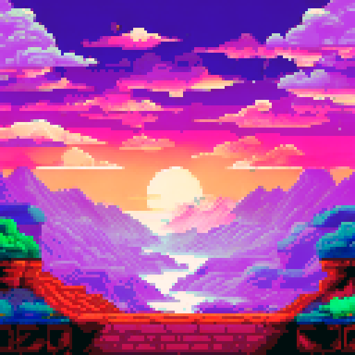 celestial skywalk, platforms floating in the ethereal abyss, vibrant colors contrasting against a dark sRGB background, pixel art depicting a majestic landscape, clouds