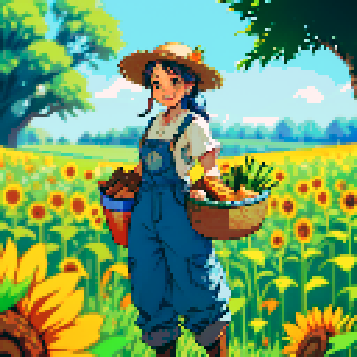 happy, quaint male farmer in pixel art style, surrounded by vibrant green fields, wearing worn-out denim overalls and a straw hat, holding a basket full of freshly harvested carrots and a bouquet of sunflowers, with a content smile on his face, standing next to a rustic wooden cart filled with colorful fruits and vegetables