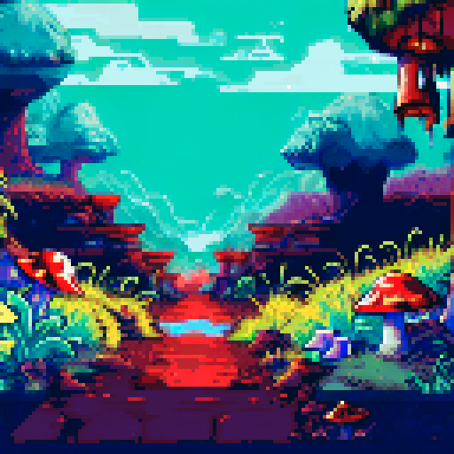 Dark, eerie cave entrance with glowing, mushrooms lining the walls, casting an otherworldly light onto the rugged, moss-covered ground, creating a mysterious and enchanting pixel art background