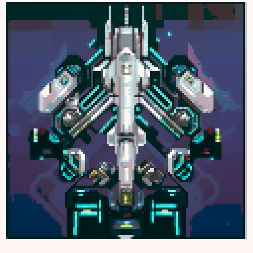 topdown view, sleek and slim space battleship, two prominent main guns, large pixel art board