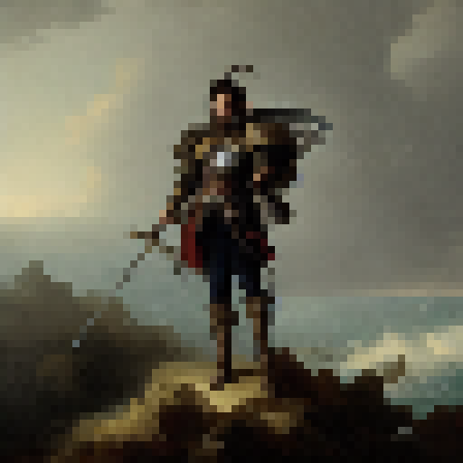 A fierce castle warrior with a sword and shield, standing on a rocky cliff overlooking a stormy sea, with a dark and moody art style.