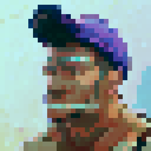 "64x64 pixel art portrait of a cute guy with puffy cheeks, staring intently to the left with a determined expression, rendered in skillful sRGB color palette reminiscent of a game icon."