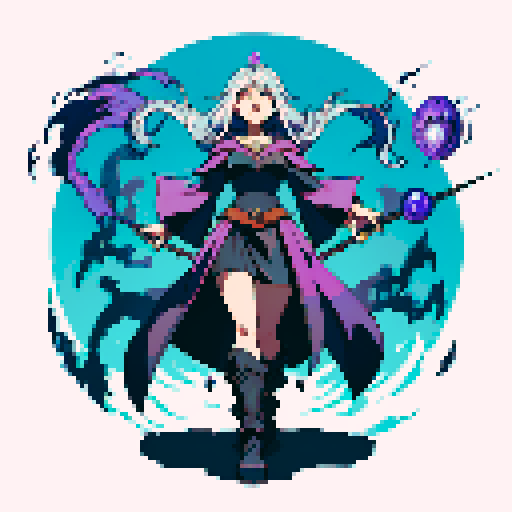 full-body image, sorceress facing right, sorceress ready to fight, evil sorceress, floating, arms out, magic circles, magic power, spell, evil sorceress, evil witch, magic symbols, ultimecia, final fantasy, sRGB, pixel art