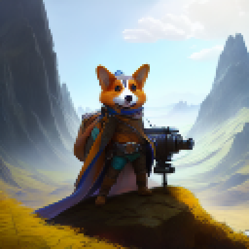 Corgi adventurer in explorer costume, wielding a lens, standing atop a mountain.