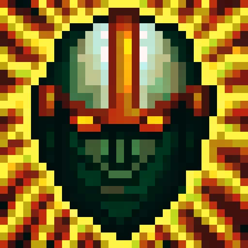 Metallic knight helmet with golden details, surrounded by fiery orange and yellow flames, in a close-up portrait style perfect for a skillful 32x32 pixel art game icon in sRGB color