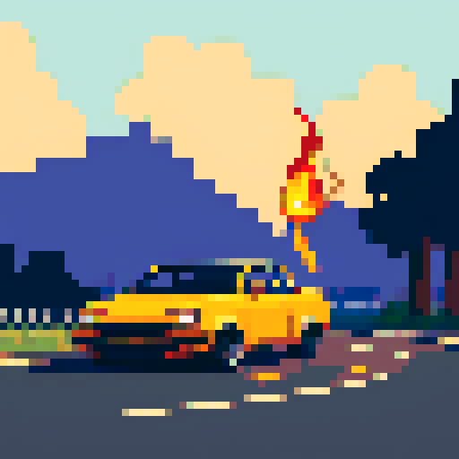 One car piston, fire in the background