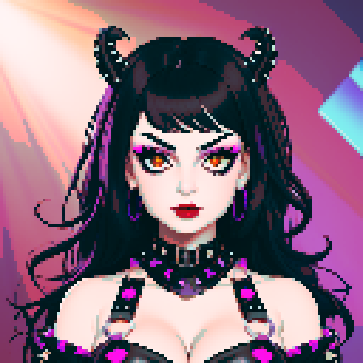 curvy, cute busty goth girl's face, whole head portrait, black hair, purple eyeshadow, red lipstick, low cut black studded leather halter top, studded collar, vibrant sRGB colors, seductive look.