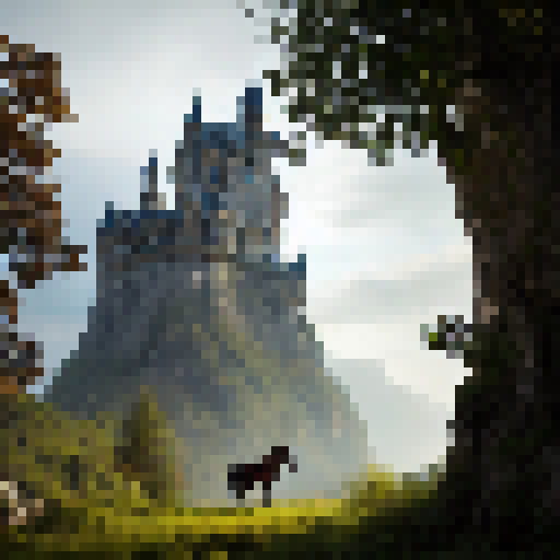 Castle perched atop a craggy mountain, looming trees and misty clouds in the background, a knight on horseback riding towards the entrance, dramatic lighting and intricate stone carvings creating a Gothic feel. Classic RPG