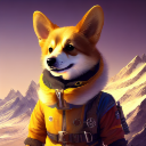 Corgi adventurer in explorer costume, wielding a lens, standing atop a mountain.