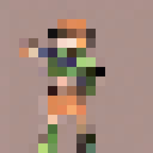 girl, long-sleeved hoodie in blue and purple, black pants, glasses, blue eyes, smiling, messy medium green hair, hand on hip, dark-skinned, game icon, 16x16, pixel art, close up, portrait