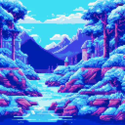 Frozen mountains looming behind a crystal-clear river, icy pine trees swaying in the wind, a small hero standing at the edge of the water, ready to jump into the unknown