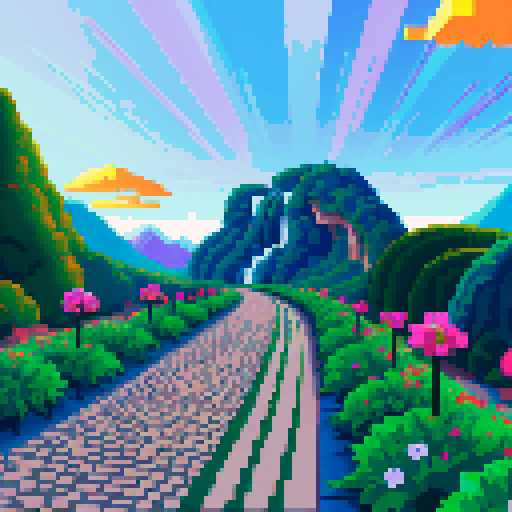 long winding pathway, vibrant colors, retro video game aesthetic, isometric perspective, lush greenery, charming pixelated flowers, shimmering waterfall, towering mountains, dramatic sunset sky, nostalgic 8-bit style