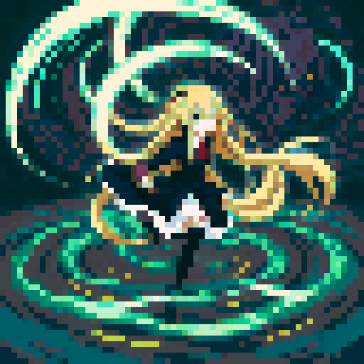 anime girl with long, glowing eyes, flowing hair, dark colors, hovering above the ground in a revealing school uniform, with a 16 bit style that pops against the sRGB color palette
