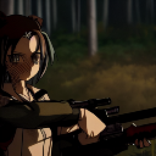 "Melancholic anime girl, clutching a rifle, stands poised in front of sparse cover amidst a cluster of leafless trees, with snowflakes falling gently around her."