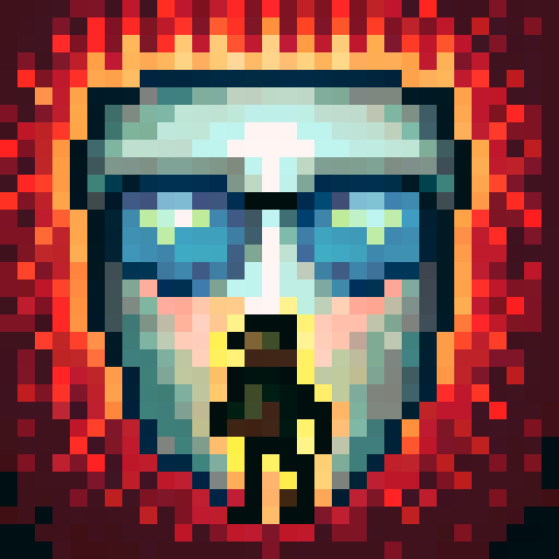 Sad monkey in sunglasses, human-like clothing, holding a fishing rod, with a pixelated sunset in the background, capturing the melancholic mood with pixel art